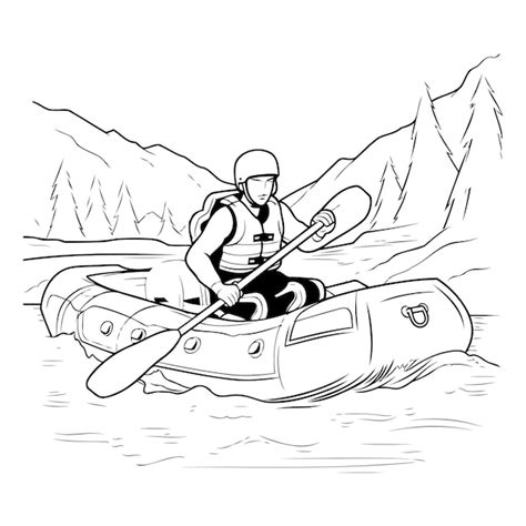 Un Homme Ramant Dans Un Kayak Illustration Vectorielle En Noir Et Blanc