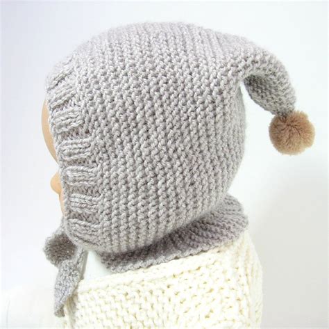 Bonnet B Guin B B Beige Lutin Avec Pompon Tricot En Laine Layette