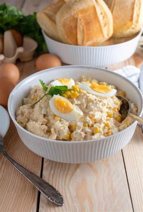 Tuna Salad With Mayonnaise Eggs Onions And Corn In A Bowl Stock Image