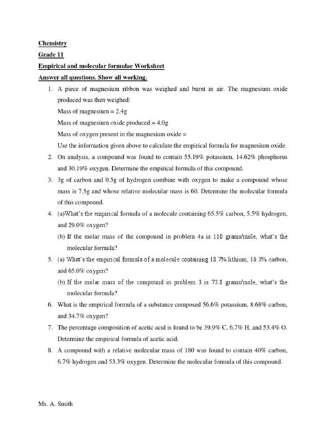 Empirical Formula Worksheet Pdf