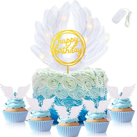 Buy 51 Pieces Angel Wing Cake Topper Decoration With Led Light White Angel Wing Cupcake Toppers