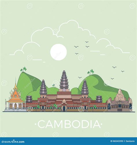 World Travel In Cambodia Linear Flat Vector Design Stock Vector