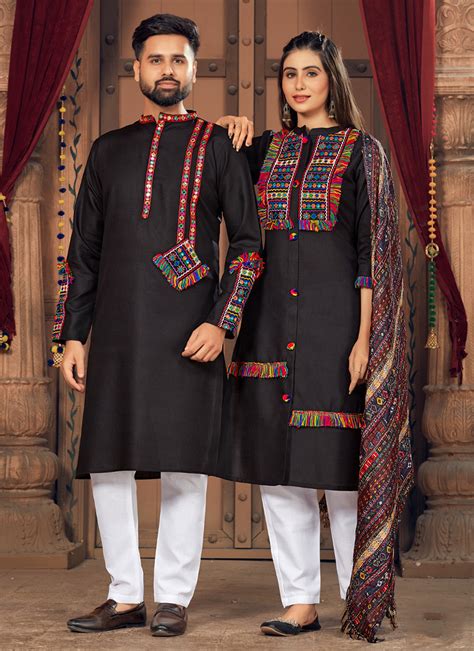 Buy Navratri Wear Black Embroidery Work Pure Cotton Couple Kurta Pajama