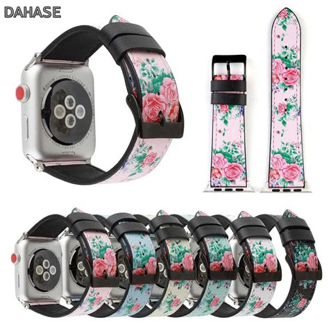 Floral Printed Leather Watchband For Apple Watch Band Strap 4440mm 4238mm Rose Flower Leather