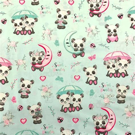 Tissu En Coton Avec Pandas Amoureux Sur Fond Vert Menthe