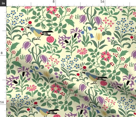 Cfa Voysey Garden Birds Flowers Art Deco Fabric Spoonflower