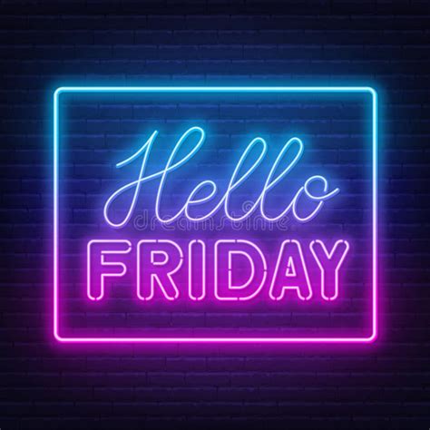 Hello Friday Neon Lettering On Brick Wall Background Stock Vector