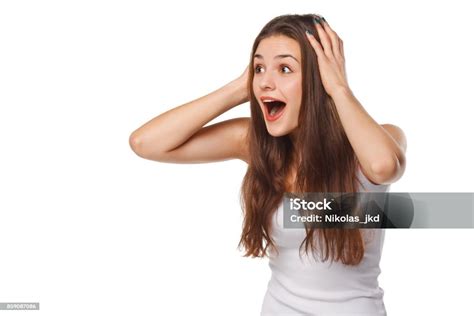 Surprised Happy Beautiful Woman Looking Sideways In Excitement Isolated On White Background