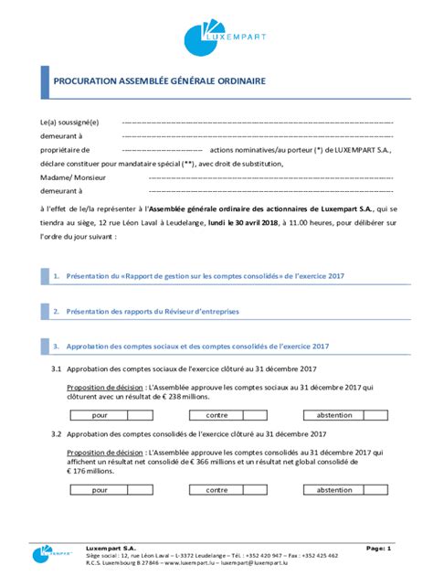 Fillable Online Procuration Assemble Gnrale Ordinaire Fax Email Print