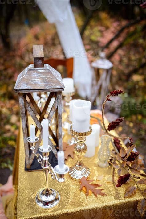 Wedding decorations in autumn forest. Beautiful wedding ceremony in ...