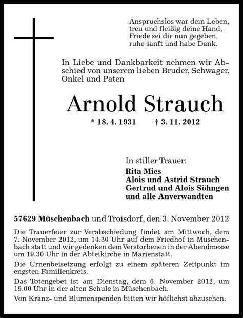 Traueranzeigen Von Arnold Strauch Rz Trauerde