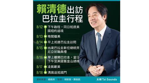 【賴清德出訪】鐵人行程曝！賴清德今出訪巴拉圭 全程7天6夜3晚睡機上 政治焦點 太報 Taisounds