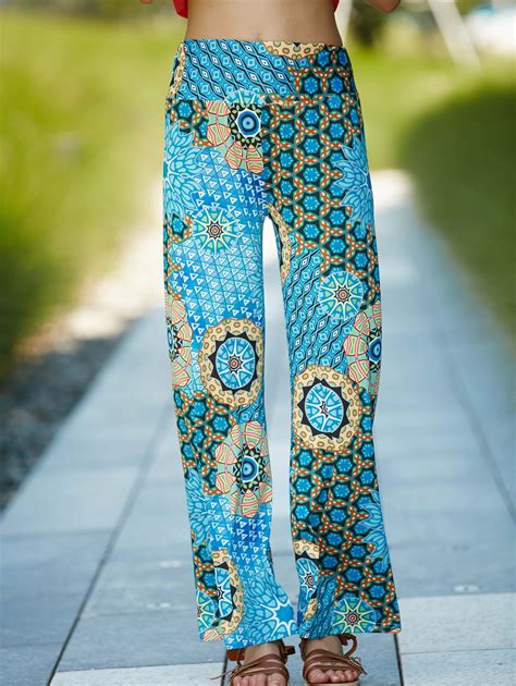 Elastic Waist Geometric Damask Printed Wide Leg Palazzo Pants Pants For Women Wide Leg Pants