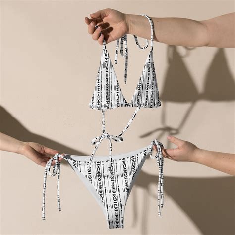 Boho Tribal Print Side Tie String Bikini Set B W Womens Minimal