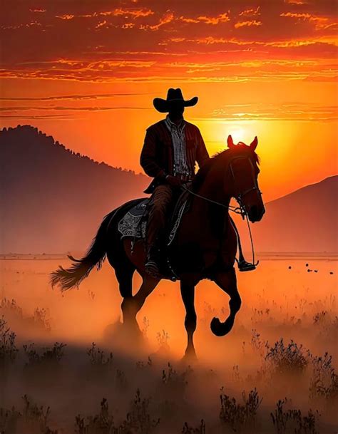 Imagem De Arte De Silhueta De Um Cowboy Montando Um Cavalo Em Um Campo