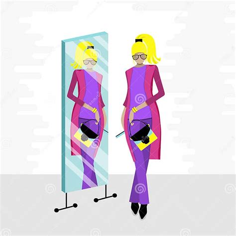 Fashionable Girl Looking In Mirror Flat Vector Illustration Stock