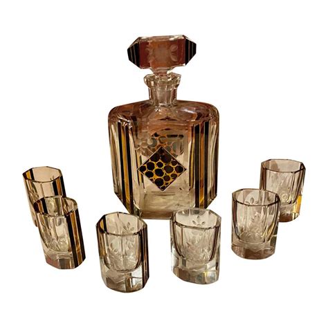 Art Deco Czech Black And Clear Glass Whisky Decanter Set At 1stdibs