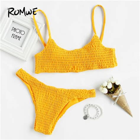 Romwe Sport Push Up Shirred Bikini Set Yellow Women Swimming Solid