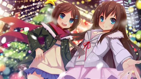 2girls Aqua Eyes Brown Hair Christmas Nerv110 Night Original Scarf