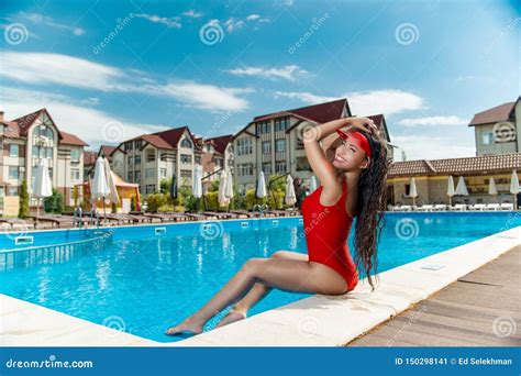 Girl In A Red Bathing Suit Near The Pool Stock Image Image Of Girl