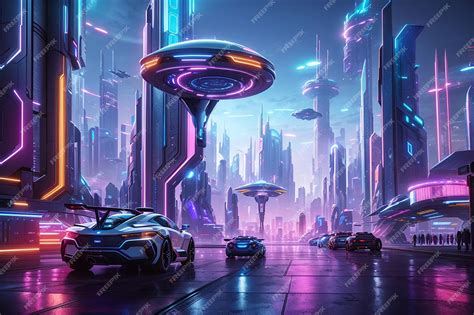 Ficción Panorámica Cyberpunk Futuristic City Con Letreros De Neón Y Luces De Neón Ciudad Con