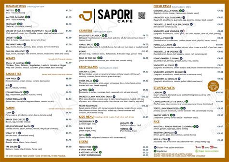 Menu at Sapori Cafe, Birkirkara