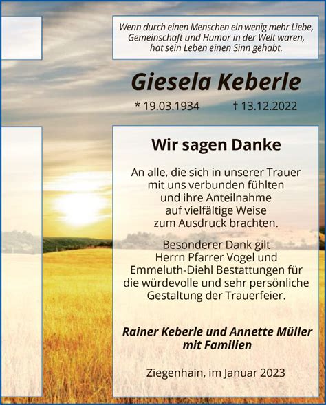 Traueranzeigen Von Giesela Keberle Trauer Hna De