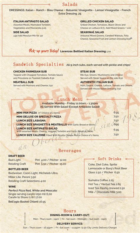 Lorenzos Pizzeria Menu In Oberlin Ohio Usa