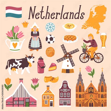 Vector Icon Set Of Netherlandss Symbols Travel Illustration With
