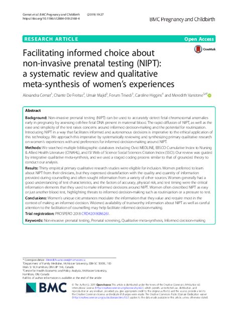 Pdf Facilitating Informed Choice About Non Invasive Prenatal Testing Nipt A Systematic