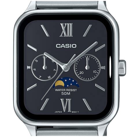 Casio Standard Analog Moon Phase Stainless Steel Black Dial Quartz MTP