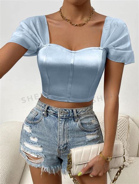 Shein Allurite Sweetheart Neck Puff Sleeve Crop Satin Top Shein Usa