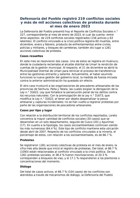 Casos De Conflictos En El Per Defensor A Del Pueblo Registr