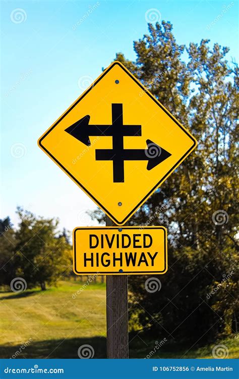 Closeup Of A Divided Highway Warning Sign Stock Photo Image Of