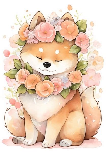 Um Cachorro Shiba Inu Usando Uma Coroa De Flores Vetor Premium