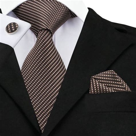 Hi Tie Men S Brown Striped Tie Pocket Square Cufflinks Classic Necktie