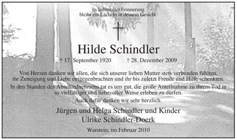 Traueranzeigen Von Hilde Schindler Trauer In Nrw De