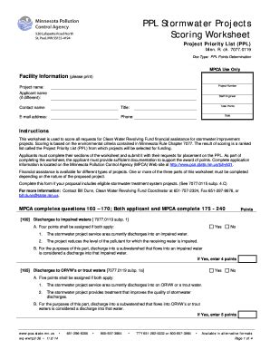 Fillable Online Pca State Mn PPL Stormwater Projects Scoring Worksheet