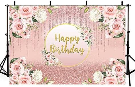 Aibiin 7x5ft Happy Birthday Backdrop For Girls Women Pink Rose Gold Flowers Glitter