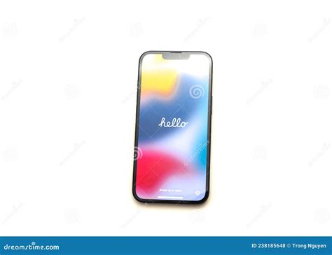 Top View Hello Text On The Welcome Screen Of Apple Iphone 13 In New