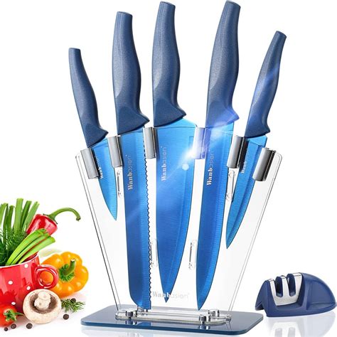 Wanbasion 7pcs Kitchen Knife Block Set With Sharpener Sharp Kitchen Knives Set With