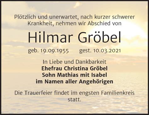 Traueranzeigen von Hilmar Gröbel abschied nehmen de