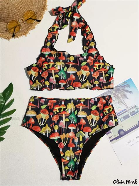 Romwe Fairycore Mushroom Print Frill Halter Bikini Swimsuit Artofit