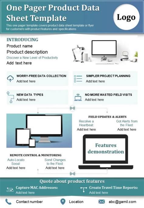 One Pager Product Data Sheet Template Presentation Report Infographic