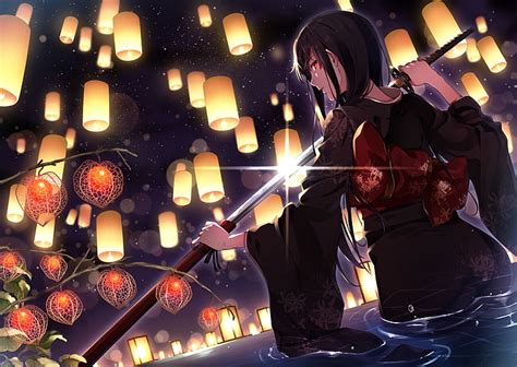 1600x1200px | free download | HD wallpaper: anime girl, kimono, katana, lamps, back view, short ...