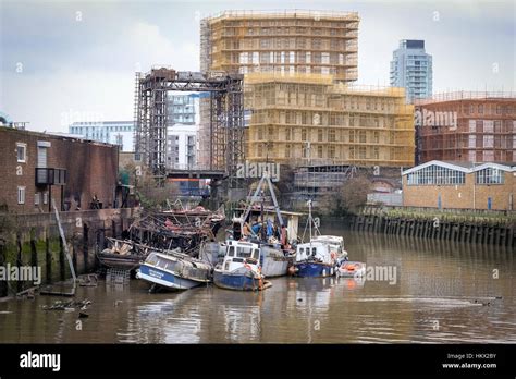 Boats On Deptford Creek Showing Burnt Out Ham Class Minesweeper And New
