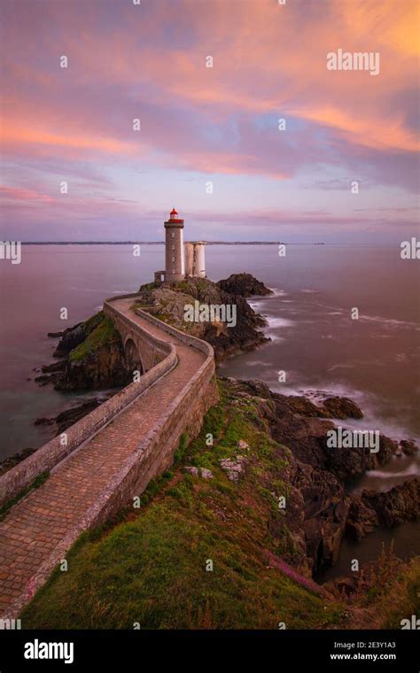 Lighthouse Phare du Petit Minou at sunset, Brittany, France Stock Photo ...