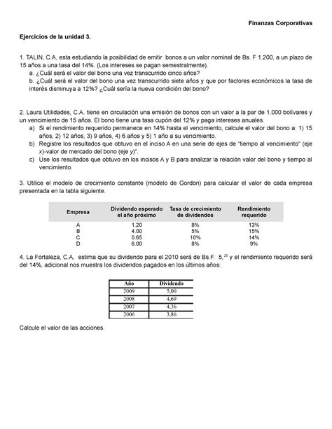 Ejercicios Unidad 3 Holaaa Finanzas Corporativas Ejercicios De La