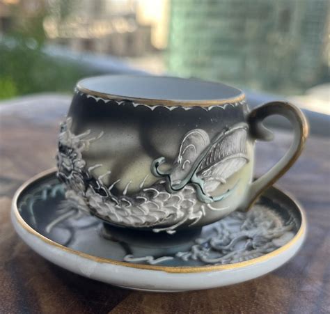 Blue Eyed Dragon Hand Painted Tea Cup and Saucer Made In Occupied Japan