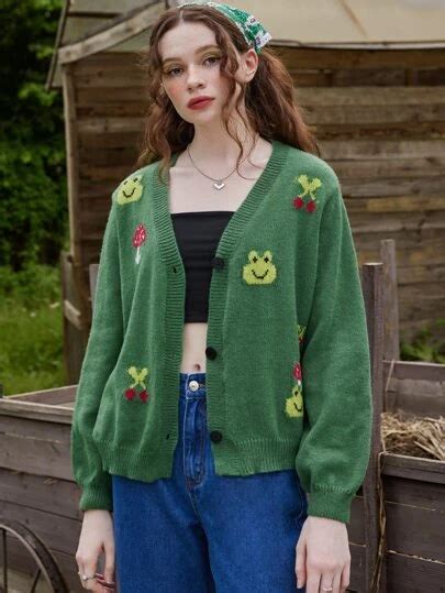 Our Fairycore Frog And Mushroom Pattern Button Front Cardigan Is Such A